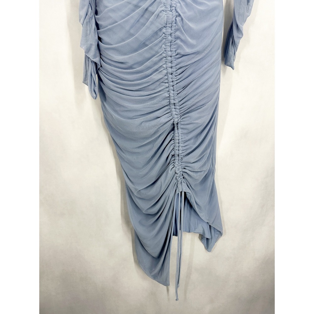 Club L London Maternity Blue Ruched Asymmetrical Mesh Midi Dress Size 10 Glam - Picture 4 of 9